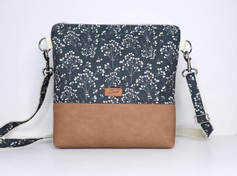 Umhängetasche Anthrazit Blümchen, Schultertasche von Zipsis