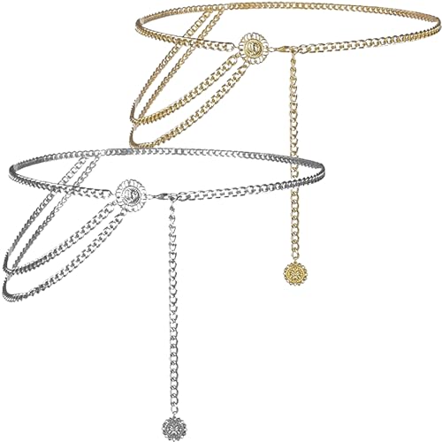 Metall Taille,2 pcs Taille Kette Gürtel für Frauen Mode Kleid Zubehör Kette Gürtel Metall Taille Gürtel Verstellbare Metall Link Körper Bauch Taille Kette für Kleid Hosen Mantel Jeans 90CM von Ziranee