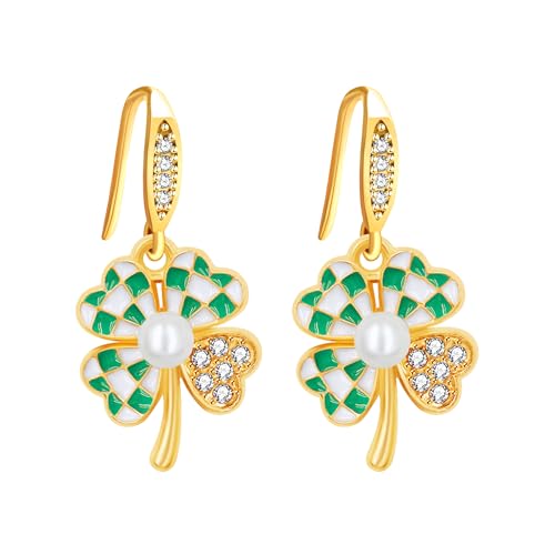 Zircobic 18K Goldplattierte Grüne Vierblättrige Kleeblatt Ohrringe, Komfortable Low-Allergie Zirkon Schmuck, Elegante Kristall Ohrringe für den Alltag von Zircobic