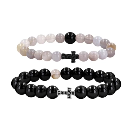 Zircobic 2er-Set Paar Kreuz-Religionsarmband Schwarz & Hell Agate Perlen, Dehnbar, Leicht, Gebets-Schmuck, Wasserfest, Hypoallergen, Unisex Glaubensaccessoire von Zircobic