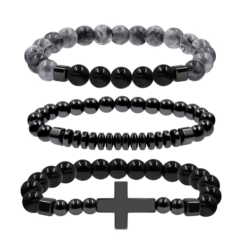 Zircobic 3er-Set Schwarz & Grau Achat Kreuz Inspirierendes Religionsarmband Set, Unisex Dehnbare Perlenarmbänder mit Hämatit Scheibenperlen, Stapelbares Design, Leicht, Wasserfest, Hypoallergen von Zircobic