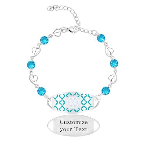 Zircobic Blauer Frauen Medizinisches ID-Armband mit Info und QR | Anpassbares verstellbares Armband mit Gesundheitswarnung | Modisches florales Notfallarmband für Reisende von Zircobic