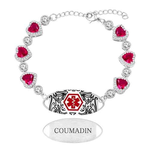 Zircobic COUMADIN Medizinisches Warnarmband mit rotem Herz-Zirkonia-Kette und lasergraviertem Edelstahl-Tag, wasserdicht und leicht, geeignet für Arbeit und gesellschaftliche Anlässe von Zircobic