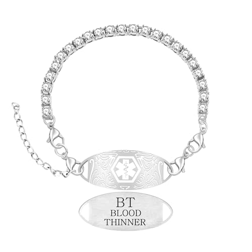 Zircobic Damen Medizinisches Alarm Armband, Weißer Zirkon Tennis Chain, Gravierte BLOOD THINNER Platte, Austauschbare Gebogene ID, Wasserdicht für den täglichen Gebrauch von Zircobic