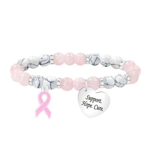 Zircobic Damen Pink Awareness Armband – Pink Zebra Stein mit goldfarbenem Herzanhänger, Lasergravur „Never Give Up“, Inspirierender Schmuck mit symbolischer Bedeutung von Zircobic