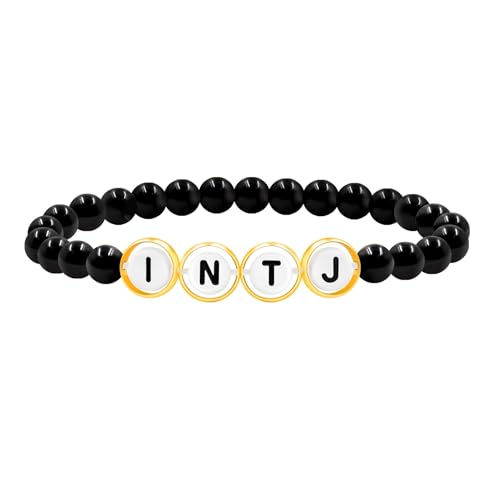 Zircobic Damen Stretch Schwarzes Achat Perlenarmband mit INTJ Buchstabenperlen, Leichtes Wasserfestes Hypoallergenes Schmuckstück für Alltag und Outdoor von Zircobic