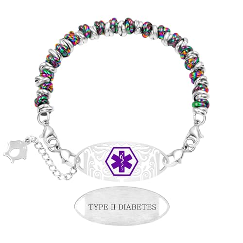 Zircobic Einzigartiges Lasergraviertes Medizinisches ID-Armband mit Silberfarbenen Edelstahlperlen – Typ-2-Diabetes Infos, Wasserdicht & Hypoallergen, Für Verschiedene Anlässe von Zircobic
