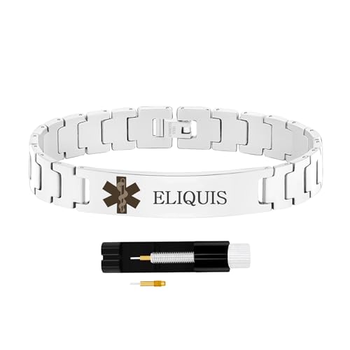 Zircobic Elegantes ID-Armband – Edelstahl in Silber mit Lasergravur „Eliquis“, wasserdicht, leicht und angenehm für den täglichen Gebrauch von Zircobic