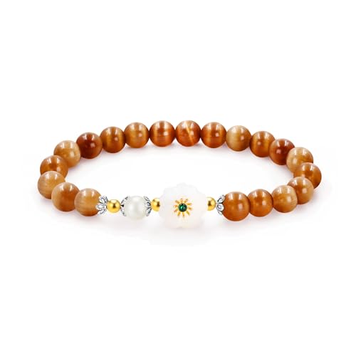 Zircobic Erdiges Braun-Cat-Eye-Armband – Elastisches Perlenarmband mit Harzblume & Kunstperle – Natürlicher Look, bequemer Sitz, ideal für Reisen oder Feiertage von Zircobic
