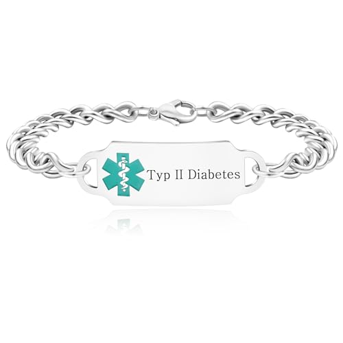 Zircobic Gesundheitsalarmarmband für Männer und Frauen, Edelstahl wasserdichtes Typ-2-Diabetes-Medizin-Schmuckstück, zartes Notfall-Medizin-ID-Armband von Zircobic