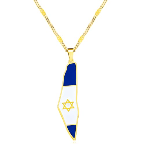 Zircobic Goldfarbene Israel-Kartenkette mit Flaggenakzent, Davidstern-Anhänger aus Edelstahl, Unisex von Zircobic