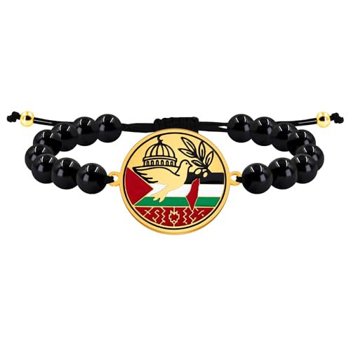 Zircobic Handgemachtes Schwarzes Onyx Muslimisches Armband – Leichtes, Bequemes Unisex Religiöses Schmuckstück mit Moscheekuppel, Olivenzweig, Taubendesign, Verstellbare Kordel von Zircobic