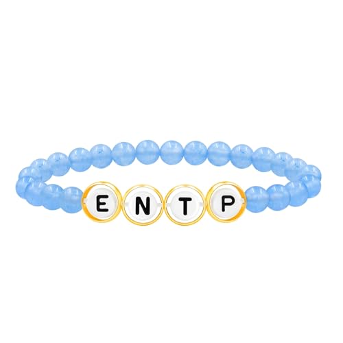 Zircobic Hellblaues Achat Armband für Damen, ENTP Buchstabenperlen mit Messingfassung, Stretch Leichtes Wasserfestes Modeaccessoire für Alltag und Büro von Zircobic