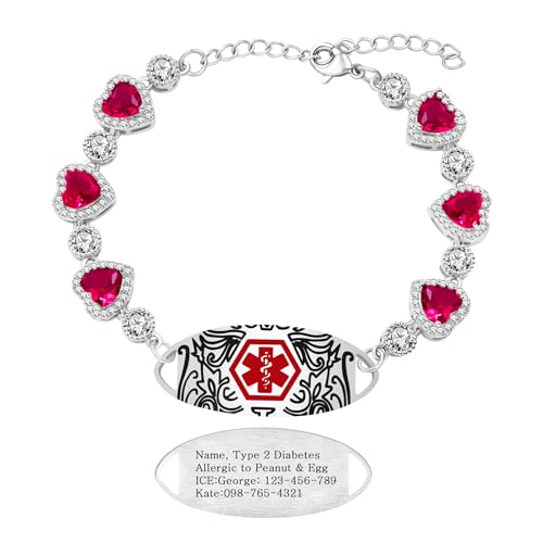 Zircobic Individuell graviertes Medizinisches Notfallarmband – Verstellbare Kette, roter Herz-Zirkonia, Edelstahl-Tag, leicht & hypoallergen für Damen Zircobic Individuell graviertes Medizinisches Notfallarmband – Verstellbare Kette, roter Herz-Zirkonia, Edelstahl-Tag, leicht & hypoallergen für Damen von Zircobic