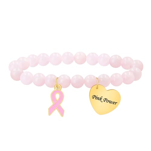Zircobic Leichtes Rhodochrosit Stretcharmband für Damen – Pink Ribbon mit Herzanhänger „Faith Over Fear“, Brustkrebs Bewusstseinsschmuck, Symbolischer Schmuck für Stärke von Zircobic