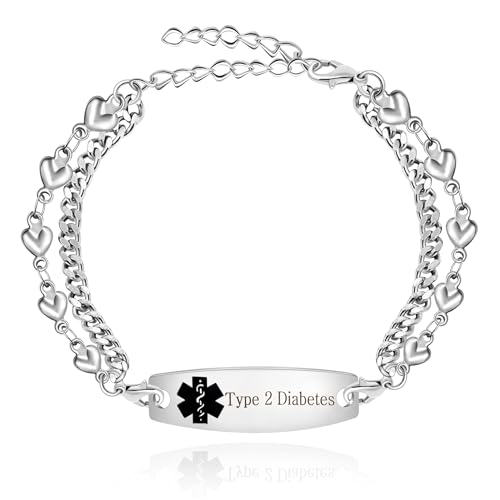 Zircobic Medizinisches Alarmarmband Benutzerdefiniertes ID-Armband für Typ-2-Diabetes Doppelkette Edelstahl Krankenhaus Schmuck mit Schwarzem Symbol für Herren Damen Verstellbar 7,5" + 2" YA3989 von Zircobic