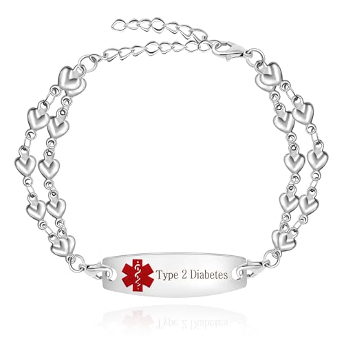 Zircobic Medizinisches Alarmarmband Graviertes Rotes Symbol ID Typ-2-Diabetes Pflegearmbänder mit Doppelkette Edelstahl Herren Damen 7,5"+2" Verlängerung YA3989 von Zircobic
