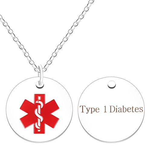 Zircobic Modischer Unisex-Medizinischer Alarm-ID-Schmuck, Weiße Edelstahl-Gravierte Typ-1-Diabetes-Anhänger-Halsketten für Mama Papa Männer Frauen (Typ 1) von Zircobic