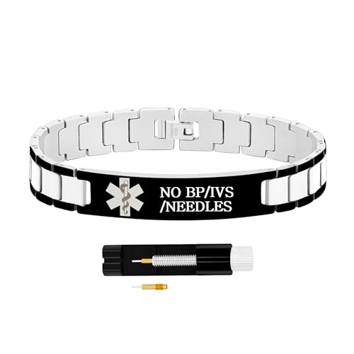 Zircobic Notfall-ID-Armband Silber & Schwarz – Lasergravur „Kein Blutdruck/IV/Infusion“, leicht, langlebig und wasserdicht für Alltag und Notfall Zircobic Notfall-ID-Armband Silber & Schwarz – Lasergravur „Kein Blutdruck/IV/Infusion“, leicht, langlebig und wasserdicht für Alltag und Notfall von Zircobic