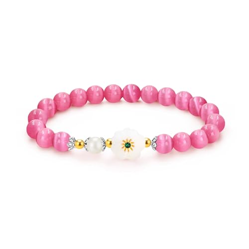 Zircobic Nude-Pink-Cat-Eye-Armband – Zarte Rosaperlen mit weißem Blumenakzent – Leichtes Stretcharmband für Damen, Alltagsstil oder Geburtstagsgeschenk von Zircobic