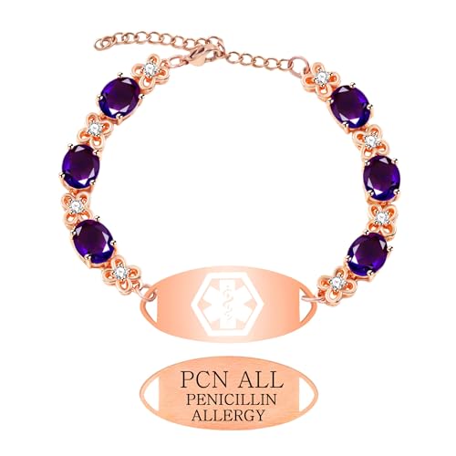 Zircobic Penicillin Allergie Medizinisches Armband mit Lasergraviertem Edelstahl-Tag, Lila Zirkon und Roségold Kette, Hautfreundlich, Leichtes Design für die tägliche medizinische Nutzung von Zircobic