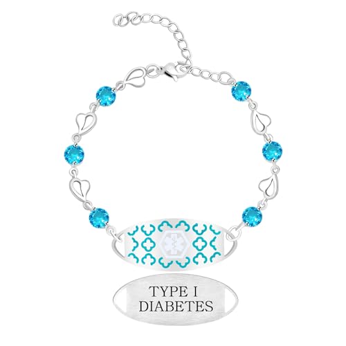 Zircobic Damen Typ-I-Diabetes Medizinisches Alarmarmband – Lasergravierter Edelstahl, Blaue Zirkon, Verstellbar Leichtes Notfall-ID Schmuck für Alltag von Zircobic
