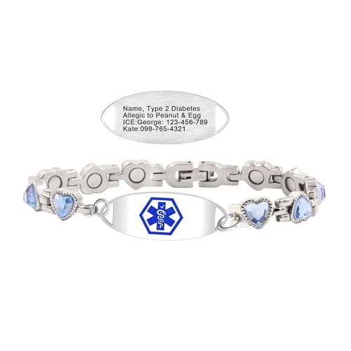 Zircobic Personalisiertes Medizinisches ID-Armband | Edelstahl graviertes Gesundheitsarmband mit blauem CZ | Asklepiosstab-Design für Männer & Frauen inkl. Armbanduhren-Entferner & Gesundheitskarte von Zircobic