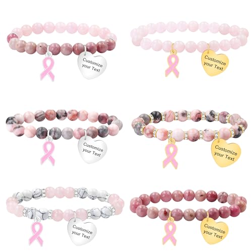 Zircobic Pink Ribbon Perlenarmband – Dehnbares Design mit optionalem Gravurtext, Naturstein-Schmuck für täglichen Gebrauch und Bewusstsein von Zircobic