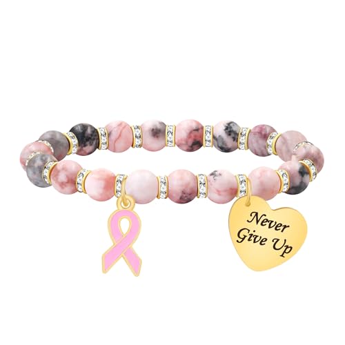 Zircobic Pink Ribbon Stretch Armband für Damen – Pink Zebra Stein Perlen mit graviertem Herzanhänger „Stay Strong“, Leichter Brustkrebs Bewusstseinsschmuck von Zircobic