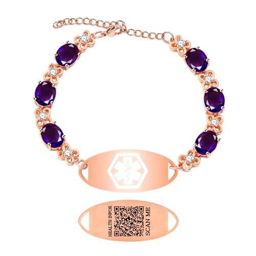 Zircobic QR Code Medizinisches ID Armband mit Lila Zirkon Details, Wasserfest Edelstahlplatte, Roségold Verstellbare Kette, Tägliche Notfall-Scan-Nutzung von Zircobic