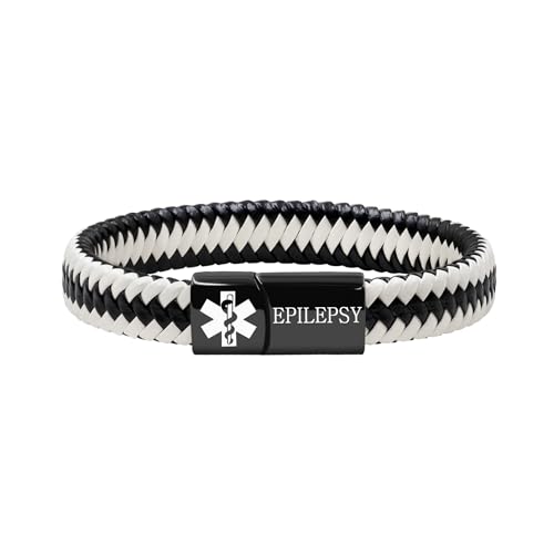 Zircobic Schwarz-Weiß PU Wasserdichtes Epilepsie Medizinisches ID-Armband, Edelstahl Graviertes Gesundheitsarmband, Hypoallergenes Notfallarmband für Sport & Alltag von Zircobic
