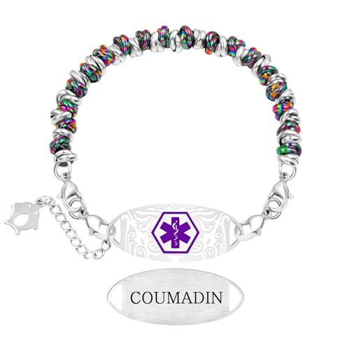 Zircobic Stilvolles Wirbelgraviertes Medizinisches ID-Armband – Lasergravierte Coumadin-Warnung mit Schillernden Silberfarbenen Edelstahlperlen, Für einen Aktiven Lebensstil Entworfen von Zircobic