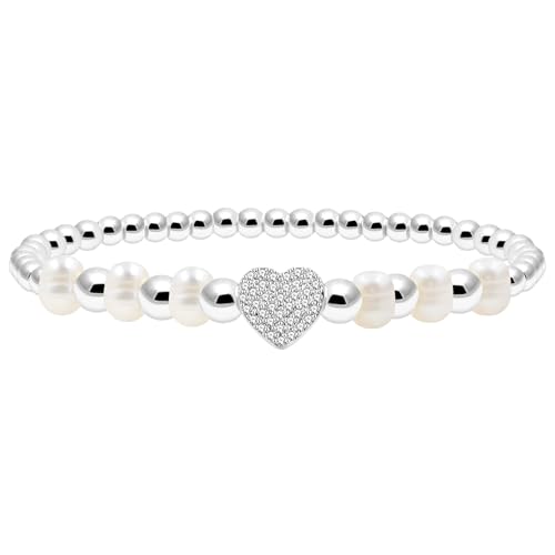 Zircobic Symbolik, Reinheit, Perlen-Charm, klassisches Perlen-Herz-Perlen-Stretch-Armband | Elegantes zartes Perlendesign mit Zirkonia-Freundschafts-Charm-Armbändern YA4767 von Zircobic