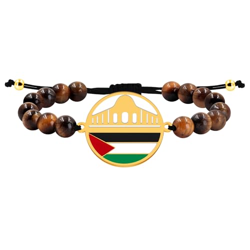 Zircobic Tigerauge Palästina Armband Unisex – Verstellbares Handgewebtes Kordelarmband mit Moschee-Anhänger aus Edelstahl und Flaggenmotiv, Islamisches Gebetsarmband für Glaube & Schutz von Zircobic