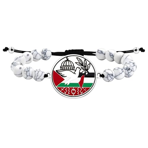 Zircobic Türkis Palästina Armband Unisex Muslimisches Elastisches Perlenarmband mit Edelstahl-Moschee, Olivenzweig-Anhänger und Taubendesign, Islamisches Religiöses Accessoire von Zircobic