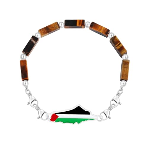 Zircobic Unisex-Armband im Nahost-Stil mit Tigerauge-Perlen – Mit Palästina-Flaggenanhänger in Platinfarbe, ideal für Alltag und Feiern von Zircobic