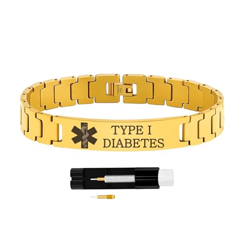 Zircobic Unisex-ID-Armband Gold – Lasergravur „Typ I Diabetes“, leichter bequemer Edelstahl mit Werkzeug, ideal für tägliche Bewegung von Zircobic