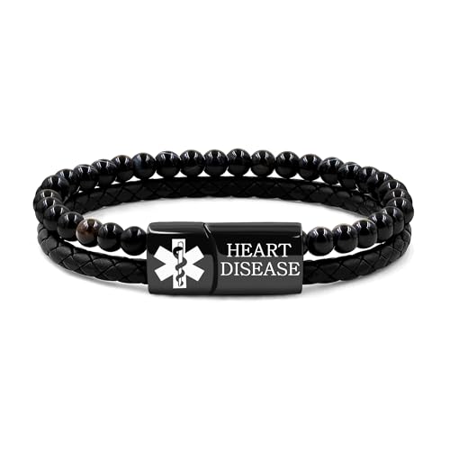 Zircobic Wasserbeständiges Medizinarmband – “Heart Disease” Stahlplakette, schwarzer Achat und Leder, für aktive Erwachsene bei Pendeln oder leichtem Sport von Zircobic