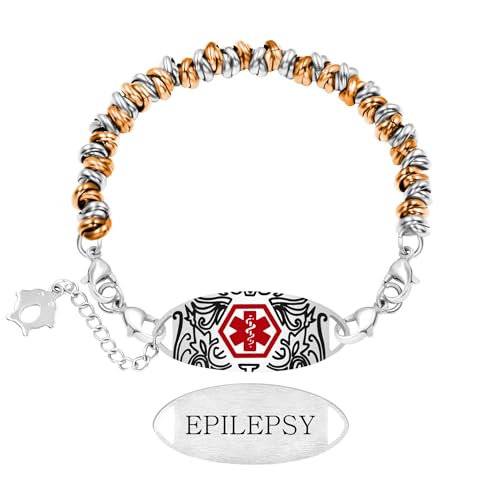 Zircobic Wasserdichtes Leichtes Graviertes Medizinisches Armband – Lasergravierte Epilepsie-Informationen, Roségold und Silber Zweifarbiger Edelstahlperlen Design, Geeignet für Verschiedene Anlässe von Zircobic