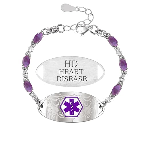 Zircobic elegantes stylisches Edelstahl-Medical-Alert-Armband mit lila Zirkonia, lasergravierter HEART DISEASE ID-Anhänger, wasserdicht, geeignet für Frauen Alltag und Laufen von Zircobic