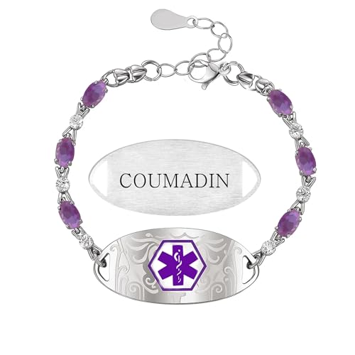 Zircobic leichtes wasserdichtes Edelstahl-Medical-ID-Armband, lila CZ-Akzent, graviert COUMADIN, bequemer, stylischer Notfall-Schmuck für den täglichen Gebrauch von Zircobic