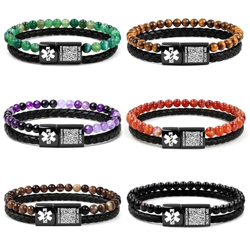 Zircobic personalisierte medizinische ID-Armbänder mit robustem PU-Leder, Achatperlen, Lasergravur und anpassbarem QR-Code für genaue medizinische Infos von Zircobic