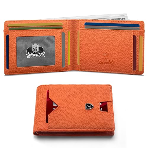 Zitahli Geldbörse für Herren, Herren-Geldbörse, schlankes Leder, zweifach gefaltet, RFID-blockierend, 11 Kartenfächer, Geschenkbox, Litschi Orange, Slim von Zitahli