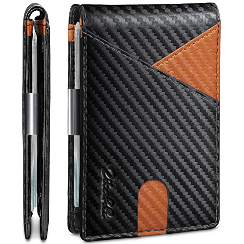 Zitahli Herren Geldbörsen Slim - Geldklammer Slim Leder Slots Kreditkartenhalter RFID Blocking Bifold Minimalistische Brieftasche mit Geschenkbox, Carbon Black accented Brown, Minimalistisch von Zitahli