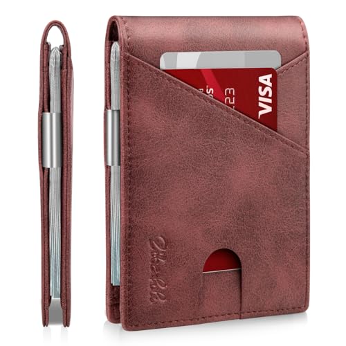 Zitahli Herren Geldbörsen Slim - Geldklammer Slim Leder Slots Kreditkartenhalter RFID Blocking Bifold Minimalistische Brieftasche mit Geschenkbox, Pferdeöl rot, Modern von Zitahli