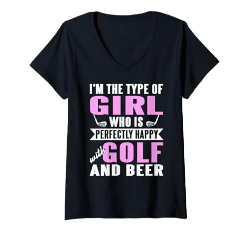 Damen Zufriedene Frau liebt Golf und Bier T-Shirt mit V-Ausschnitt Damen Zufriedene Frau liebt Golf und Bier T-Shirt mit V-Ausschnitt von Zitat für golfende Frauen