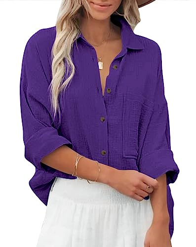 Zitiki Bluse Damen Baumwolle Lässiges Hemd V-Ausschnitt Langarm Elegant Oberteile Lose Shirts mit Brusttaschen (Large, Lila) von Zitiki