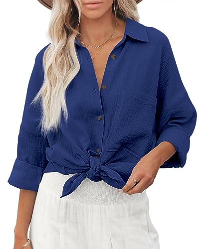 Zitiki Bluse Damen Baumwolle Lässiges Hemd V-Ausschnitt Langarm Elegant Oberteile Lose Shirts mit Brusttaschen (Medium, Dunkelblau) von Zitiki