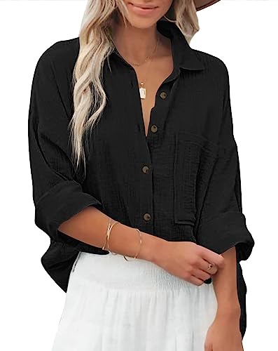 Zitiki Bluse Damen Baumwolle Lässiges Hemd V-Ausschnitt Langarm Elegant Oberteile Lose Shirts mit Brusttaschen (Medium, Schwarz) von Zitiki