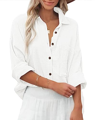 Zitiki Bluse Damen Baumwolle Lässiges Hemd V-Ausschnitt Langarm Elegant Oberteile Lose Shirts mit Brusttaschen (Medium, Weiß) von Zitiki